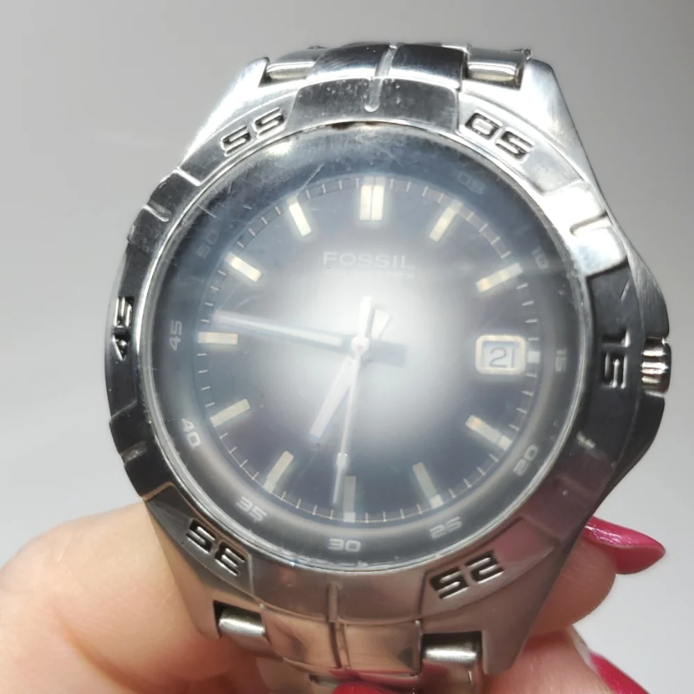 Vintage Fossil Blue AM-3997 Mens Watch Silver Steel Wristband Gray Face Watch